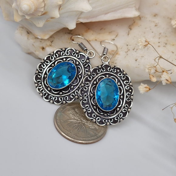 Natural Blue Quartz Stones Silver 925 Earrings - Picture 2 of 5